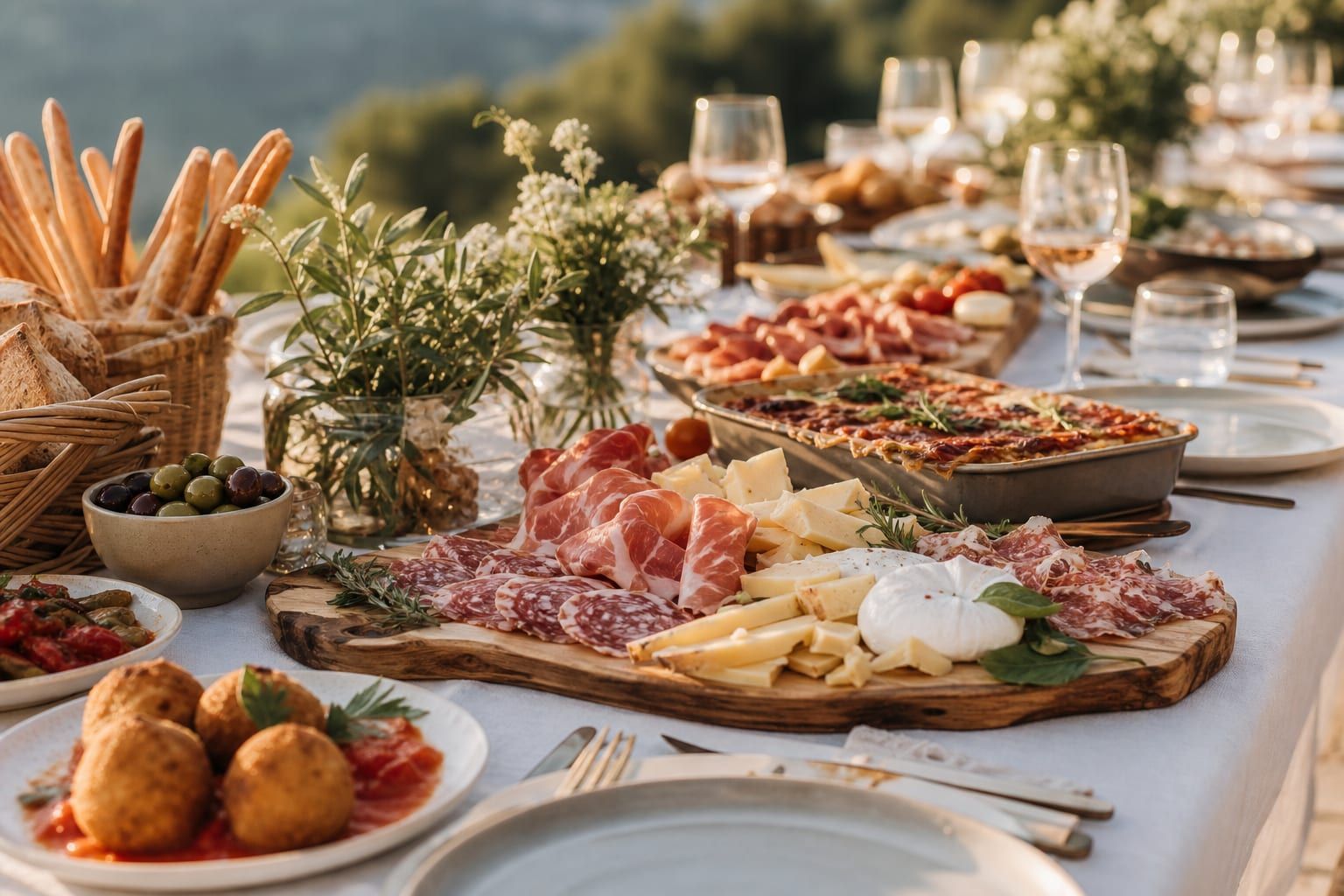 Table de réception dressée avec des plateaux de spécialités italiennes